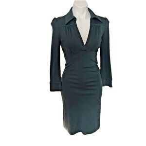Y2K Diane Von Furstenberg Green Wool Empire Waist Puff Sleeve V-Neck Collared 6